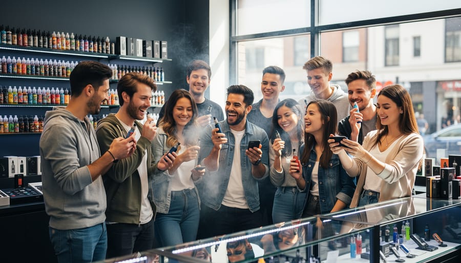 Two people posing with vape devices at a community event inside a vape shop.