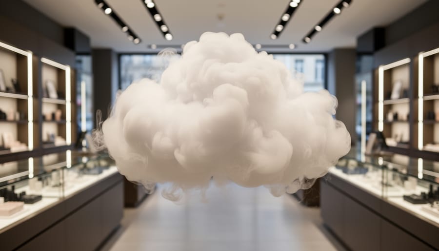 A person exhaling a vapor cloud in a lounge area of a vape shop.